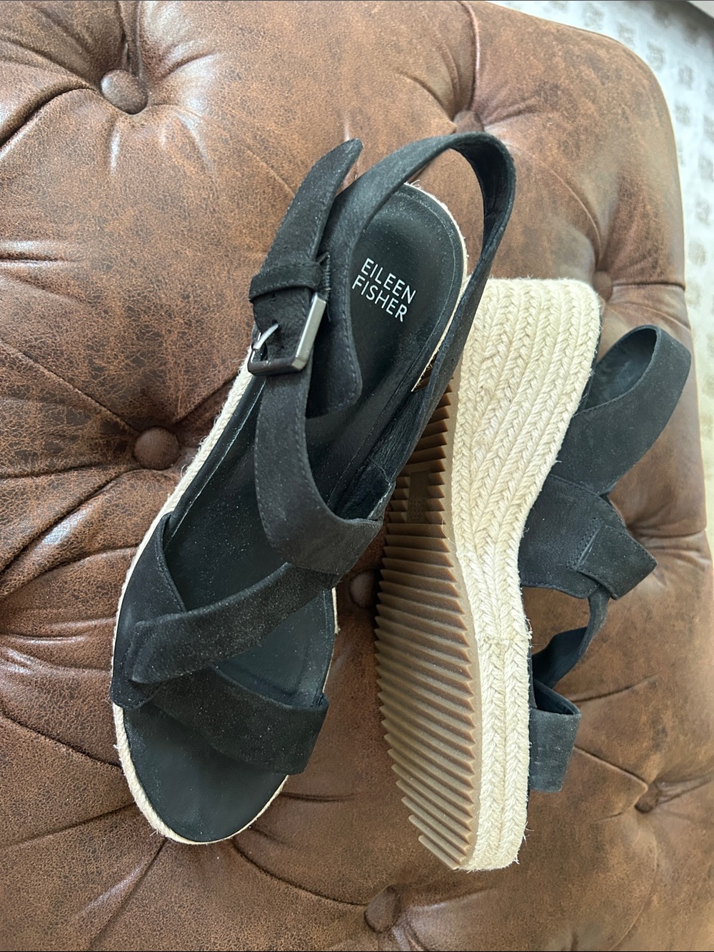 Eileen Fisher Black Suede Espadrille Platform Sandals with Jute-Wrapped Sole